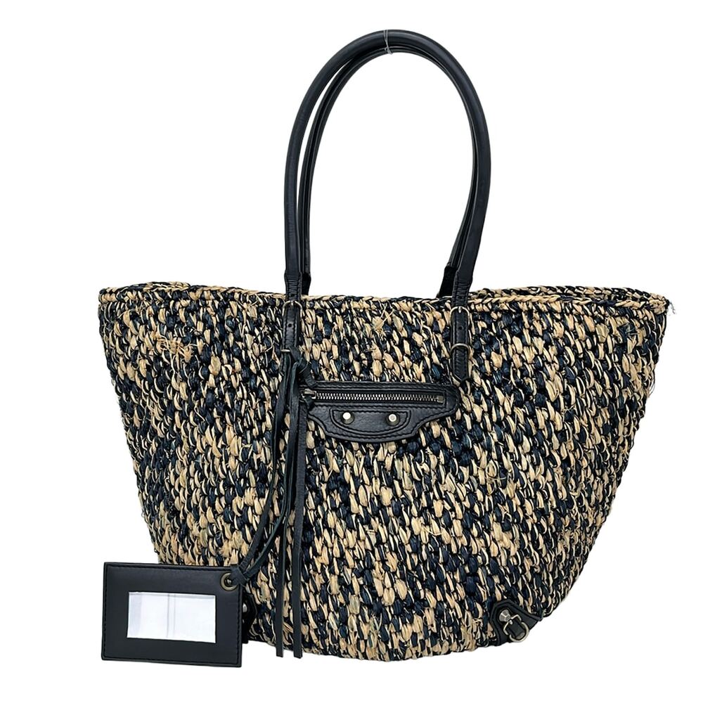 Balenciaga Tote Bag 286370 Dark Navy Beige Raffia Leather
